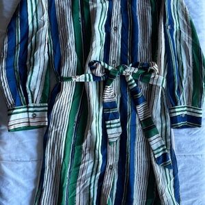 Chic Striped Long Sleeve Dress - Green, Blue, White